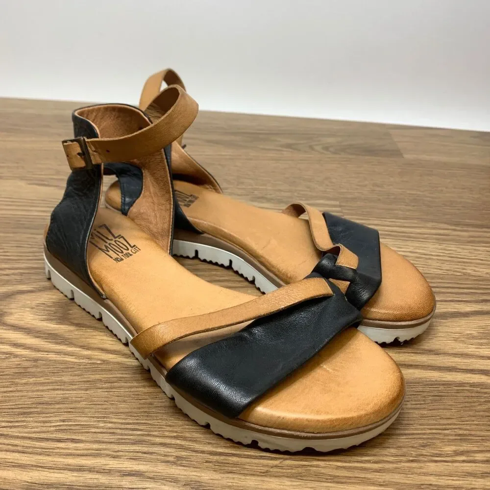 Miz Mooz Women's Shep Leather Sandal Size 38 Flat Ankle Strap Tan Black Casual‎
